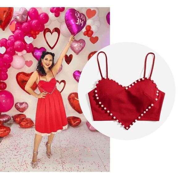 ❤ Cute Heart Shaped Crop Top Pearls Trim NEW - Picture 1 of 16